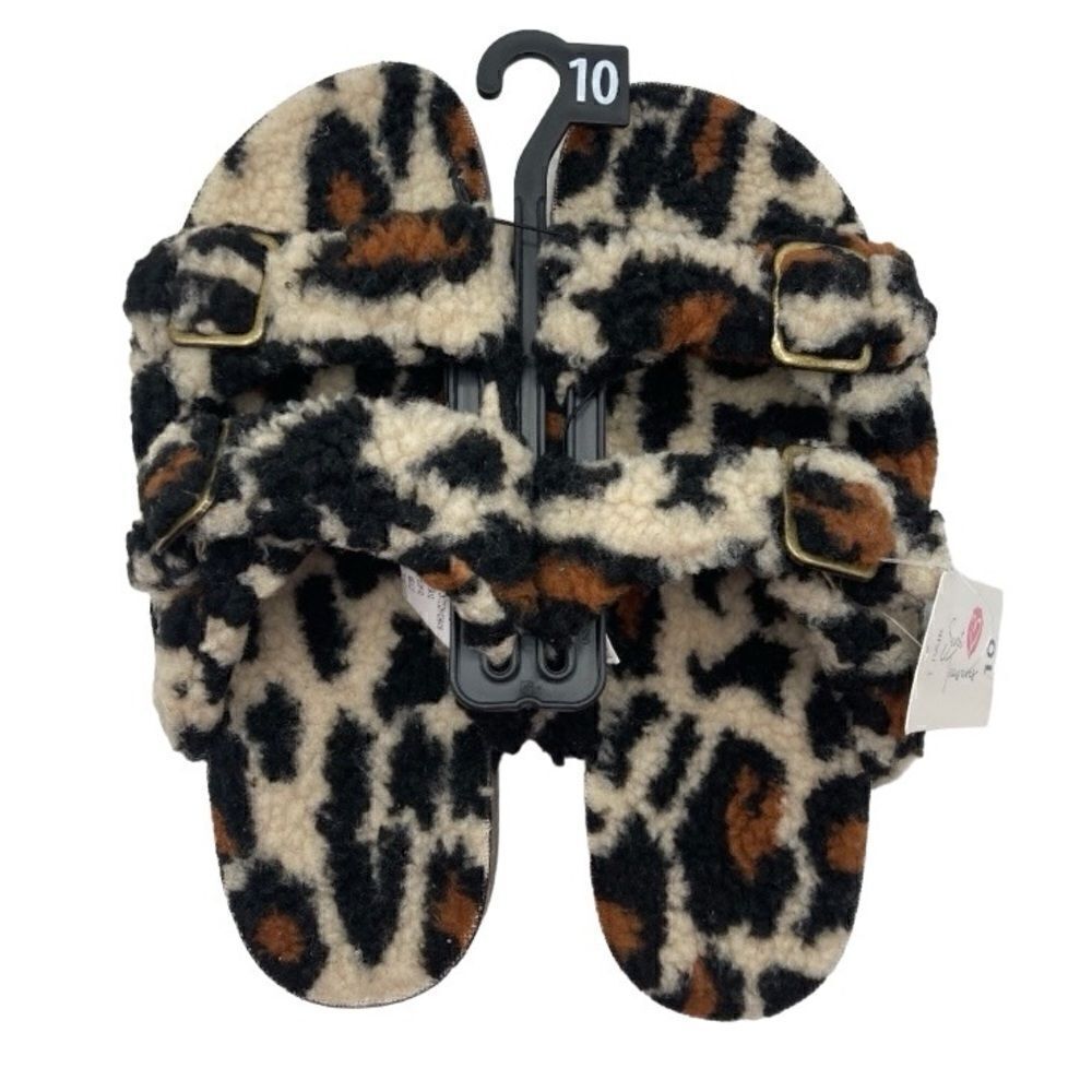 Leopard Print Faux Fur Slipper Luxe Two Band Step-in Sandal Shoe Size 10